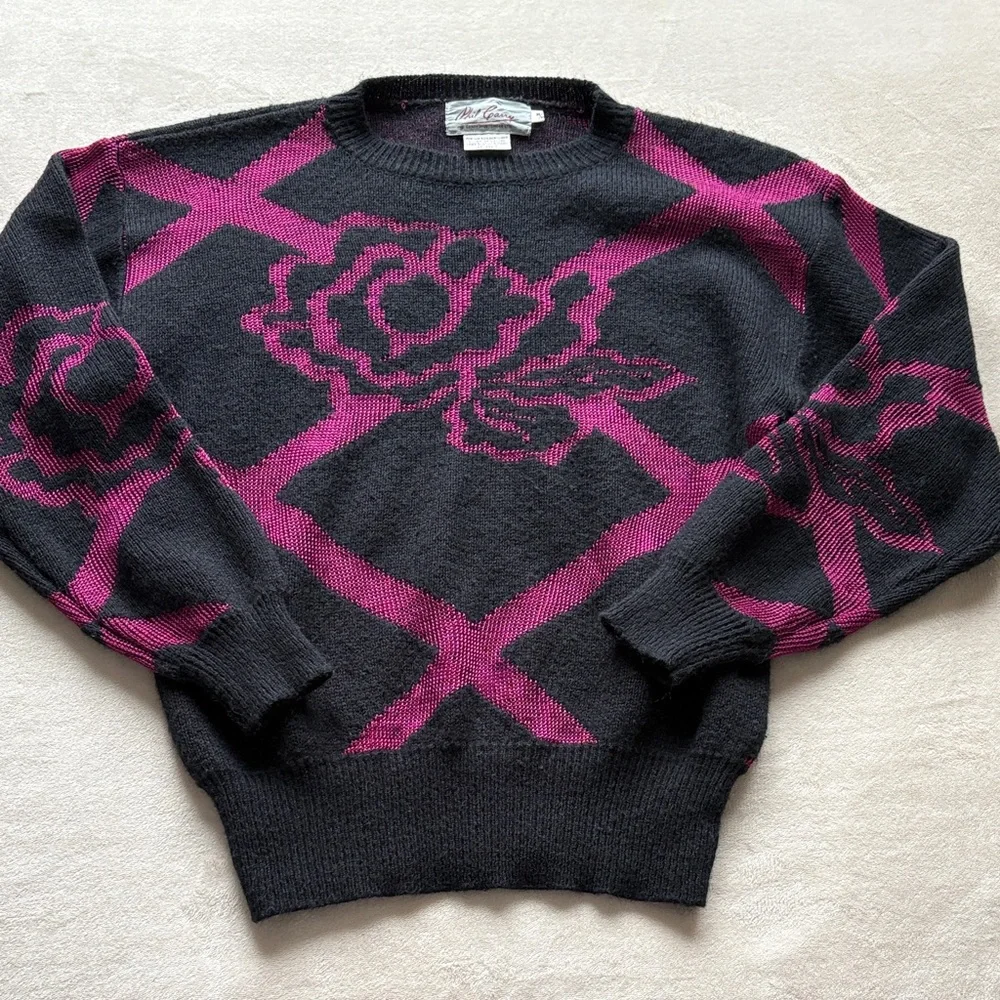 Vintage Phil Carry 1980s Sweater Jumper Acrylic Nylon Medium Black Fuchsia - Picture 3 of 9